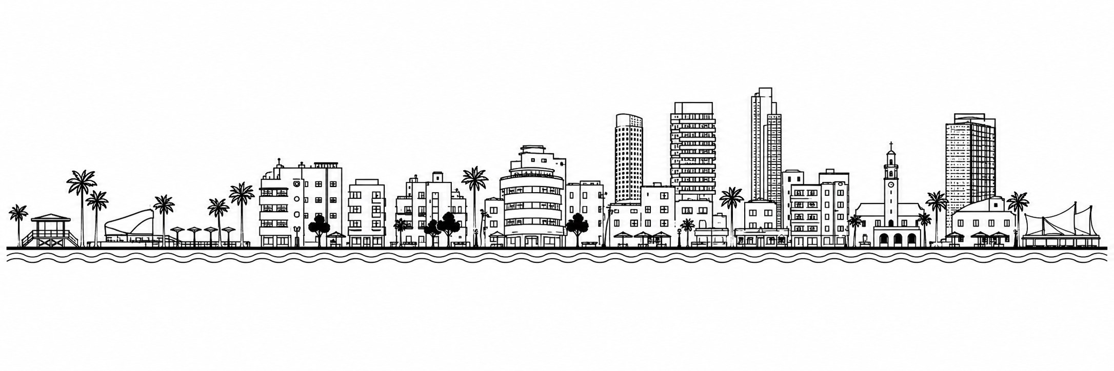 סקיצה של קו הרקיע התל אביבי בצבעי שחור ולבן, קווים חדים ומדויקים