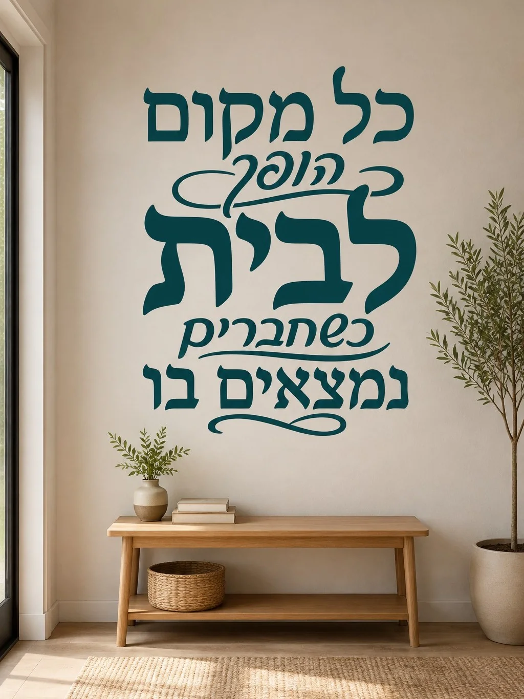 מדבקת קליגרפיה עברית בשחור על לבן על קיר בחדר עם תאורה טבעית וריהוט מינימליסטי.