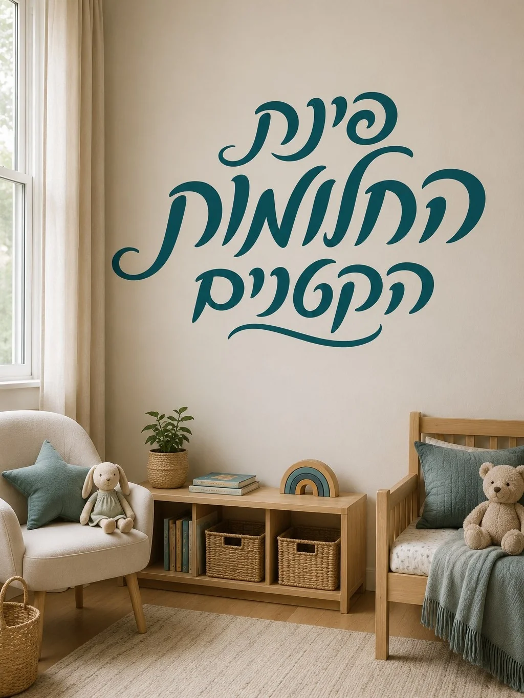 מדבקת קליגרפיה עברית בשחור על קיר בחדר עבודה עם שולחן עץ ומנורת קריאה.
