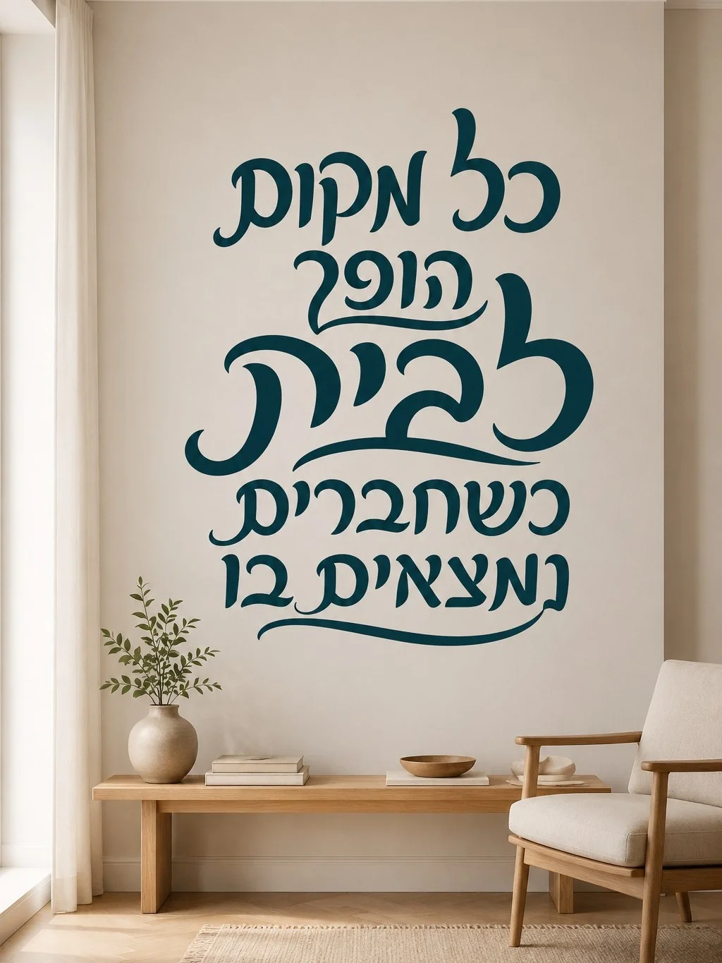 מדבקת קליגרפיה עברית אלגנטית על קיר בסלון מודרני עם תאורה רכה וספה אפורה.