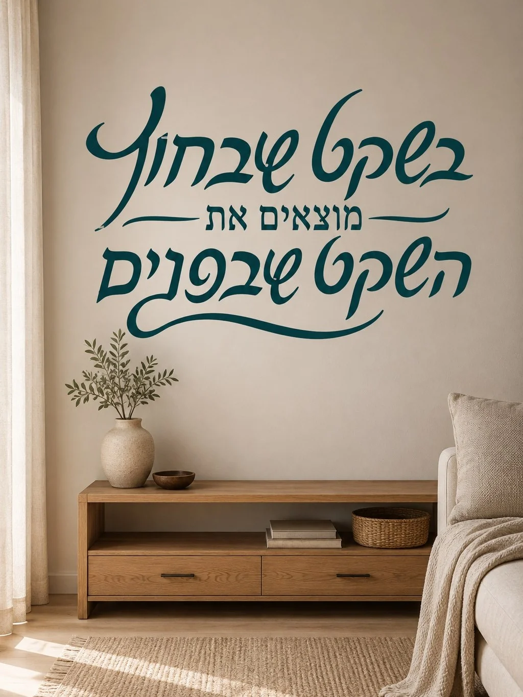 מדבקת קליגרפיה עברית בשחור על קיר עם ריהוט מודרני, תאורה עדינה ברקע.