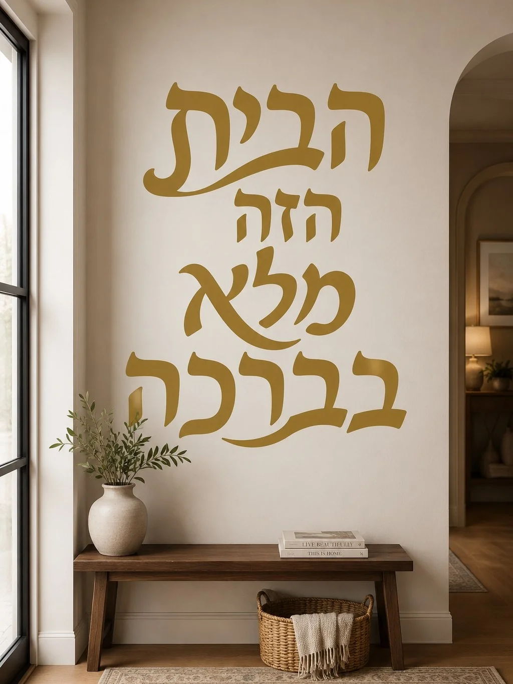 מדבקת קליגרפיה עברית בשחור על קיר סלון עם כורסה לבנה ושולחן זכוכית.