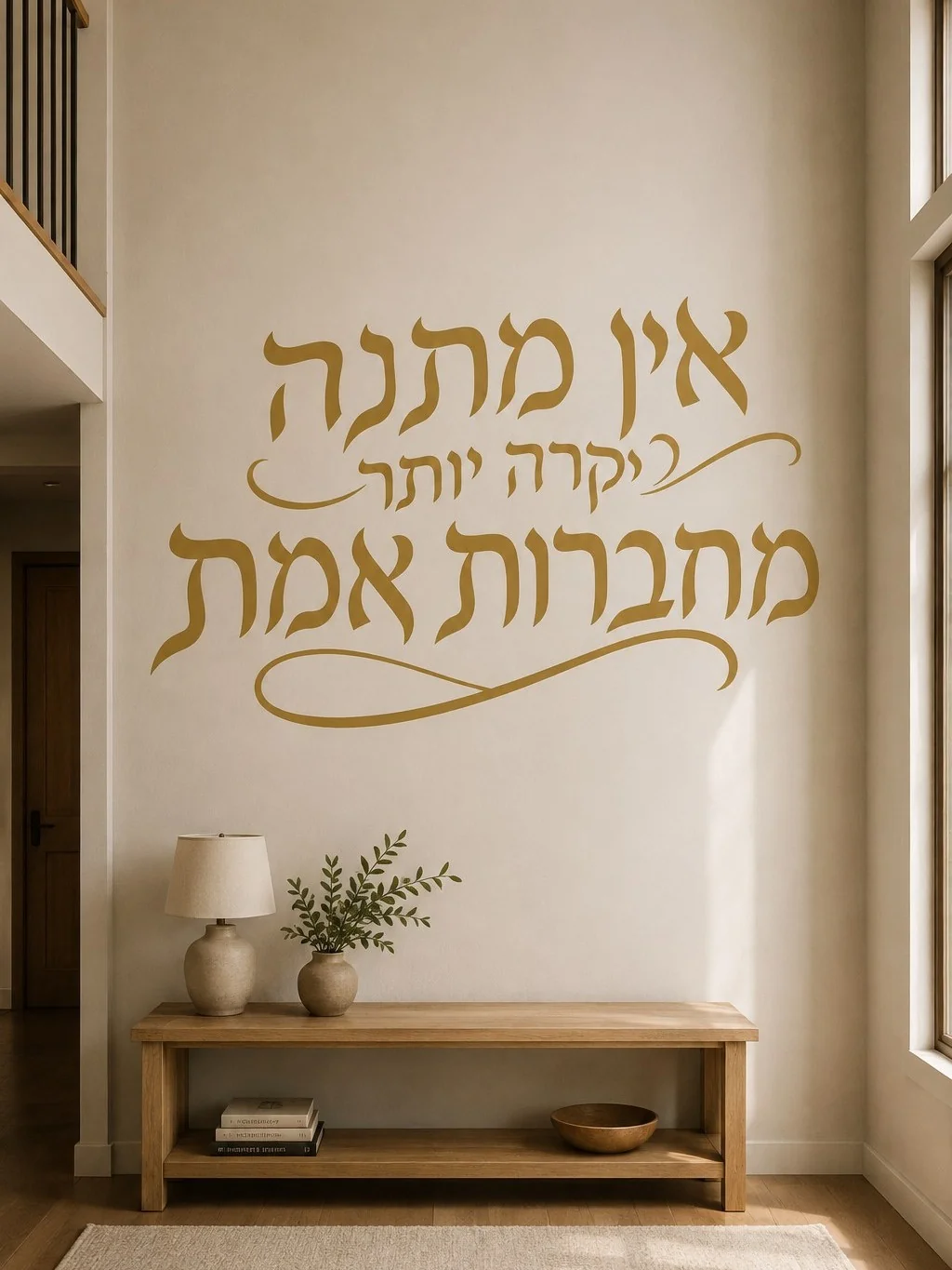 מדבקה עם קליגרפיה עברית שחורה על קיר בחדר עבודה עם שולחן עץ וספרים על מדפים.