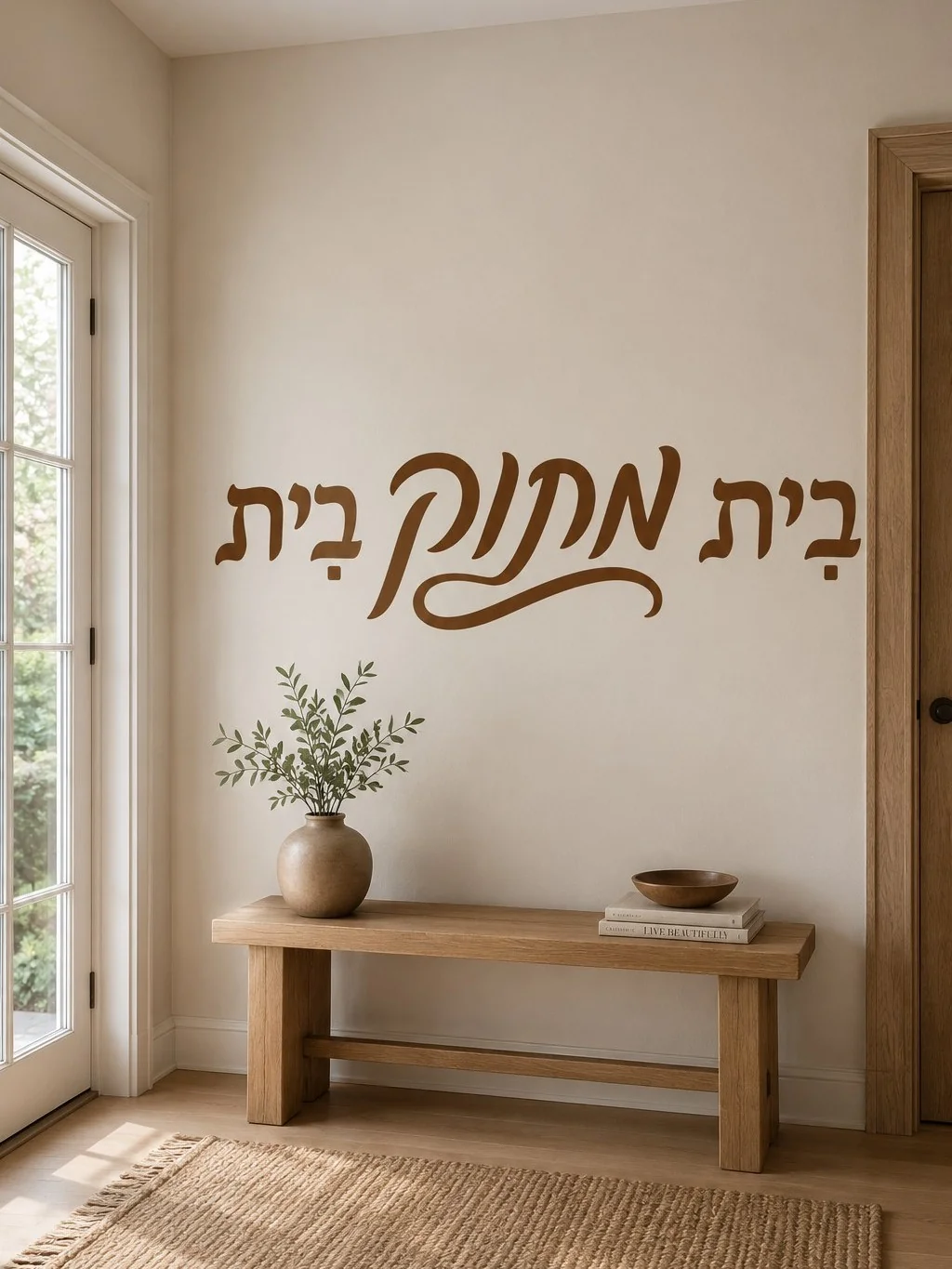 מדבקת טקסט עברי בקליגרפיה שחורה על קיר בחדר עם ריהוט מודרני ותאורה רכה.