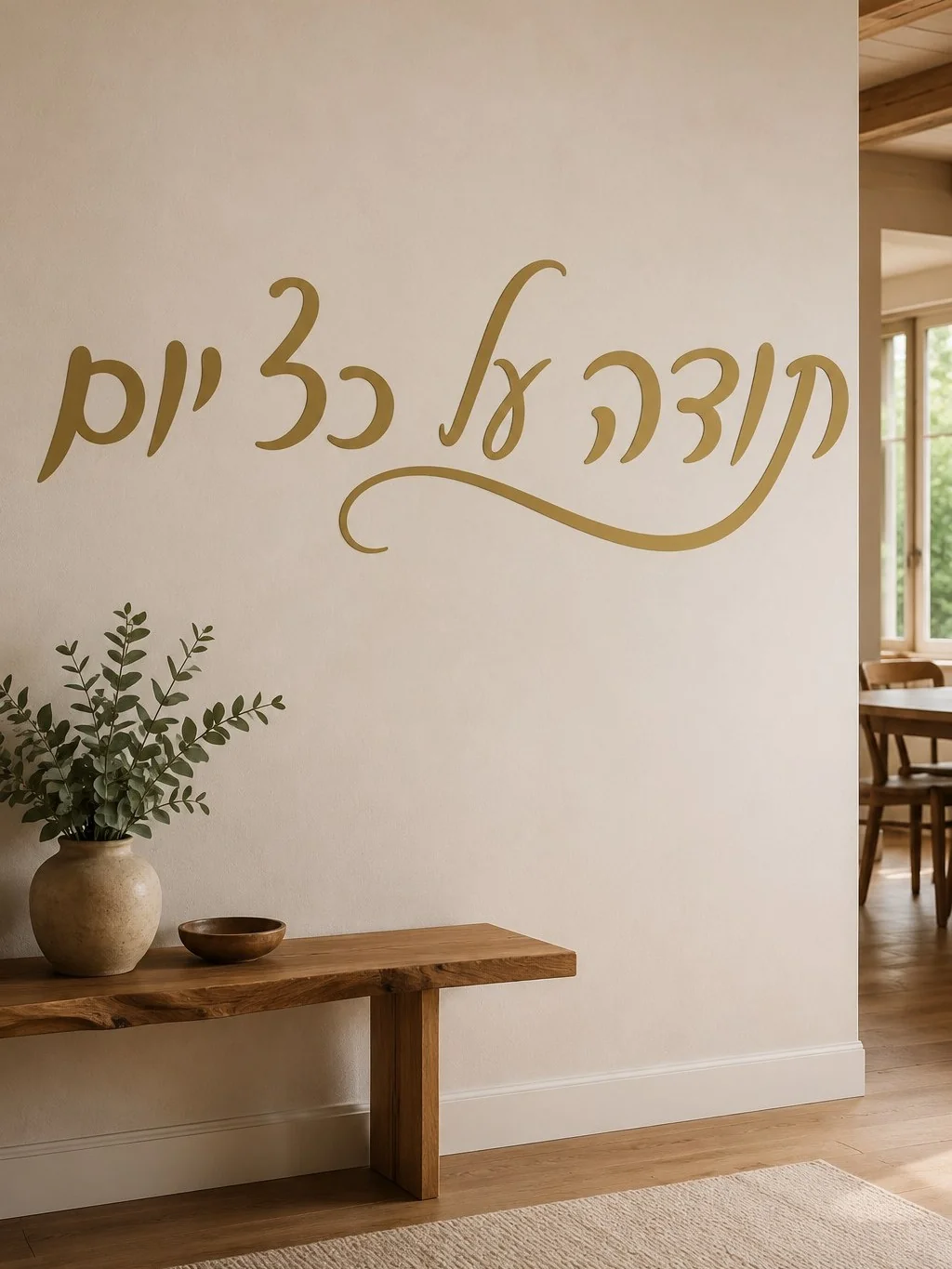 מדבקת כתב עברי אלגנטית על קיר בחדר עבודה עם שולחן עץ וכיסא מודרני.