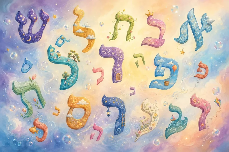 אותיות עבריות בצבעי פסטל עם כוכבים, עננים ופרחים