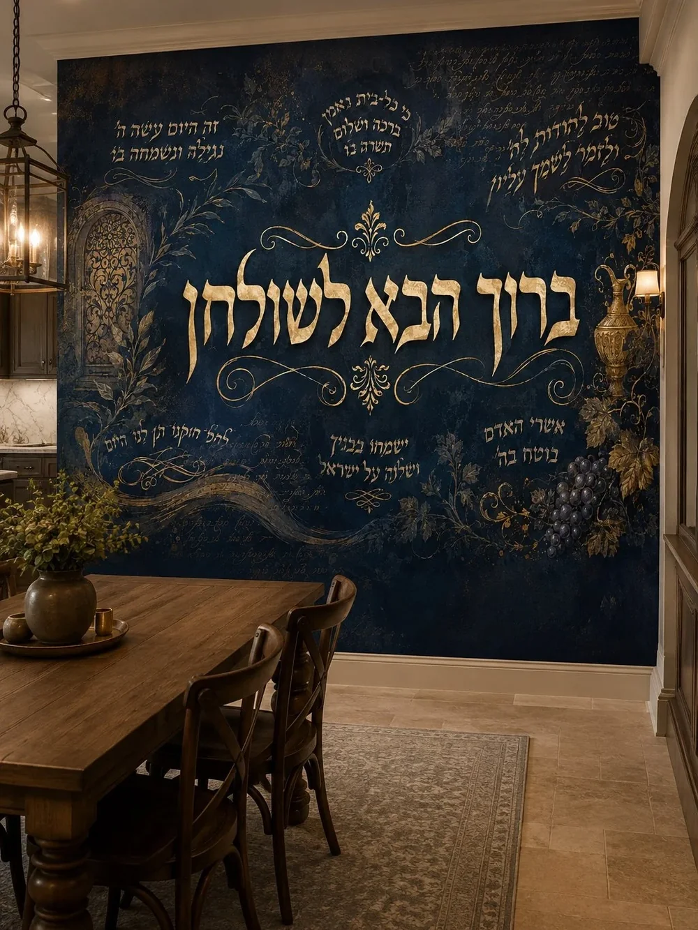 טפט קליגרפיה עברית על קיר בחדר מגורים עם כורסאות כהות ושולחן עץ