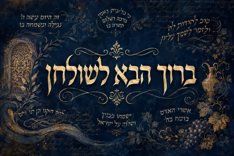 קליגרפיה עברית עם פרחים וגפנים, בצבעי כחול כהה וזהב