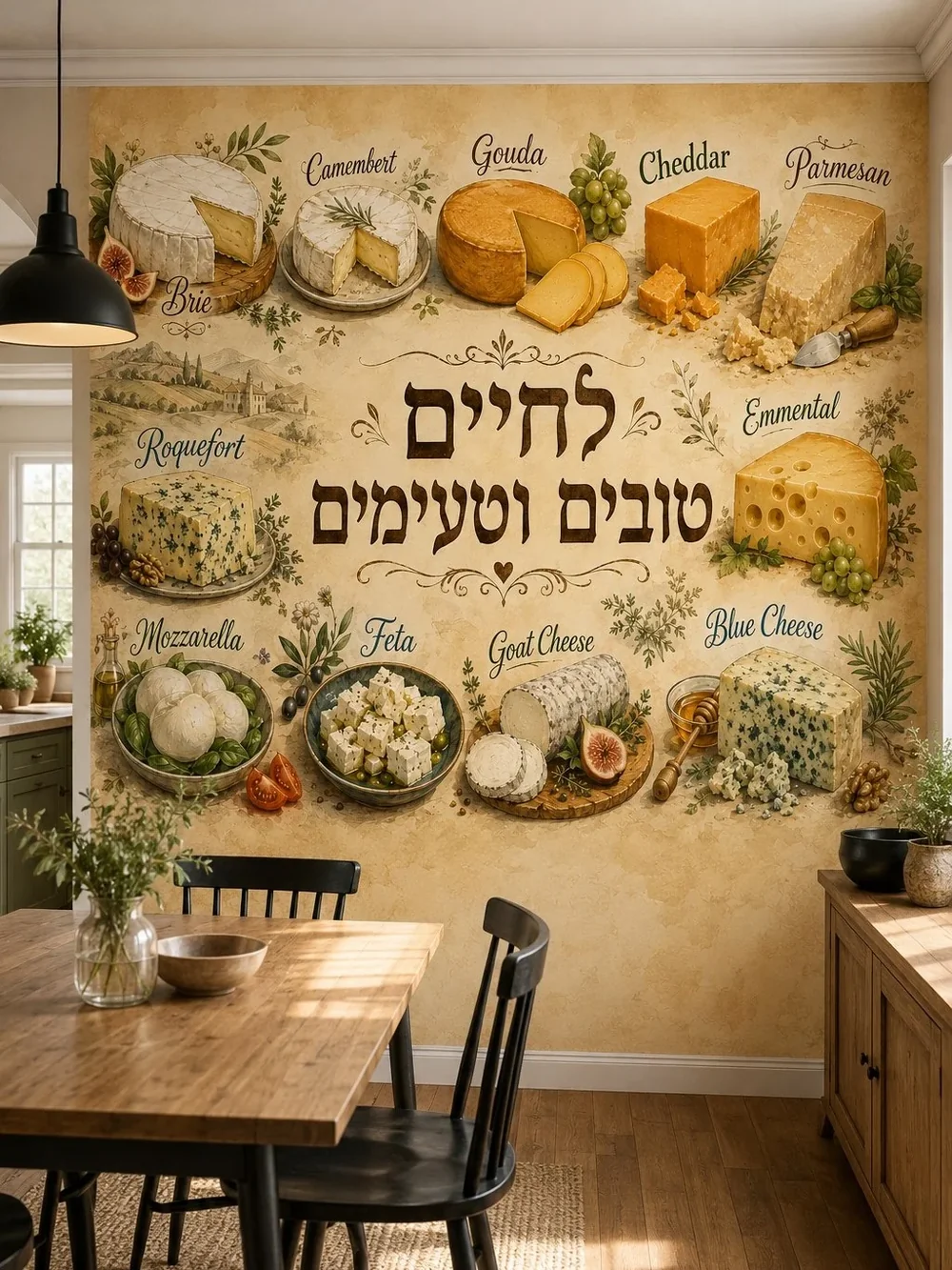 טפט גבינות וינטג' על קיר במטבח עם מדפים מעץ כהה ומנורה תלויה