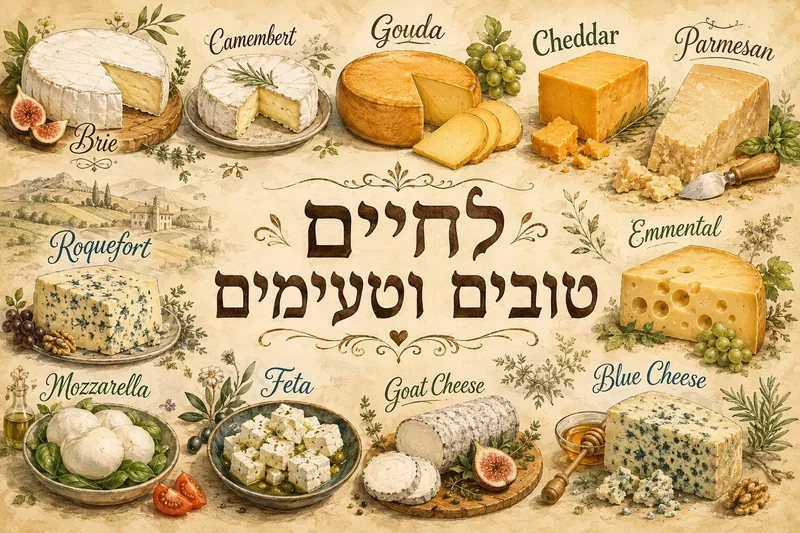 איור וינטג' של גבינות בצבעי שמנת וחום, כולל ברי, גאודה וצ'דר