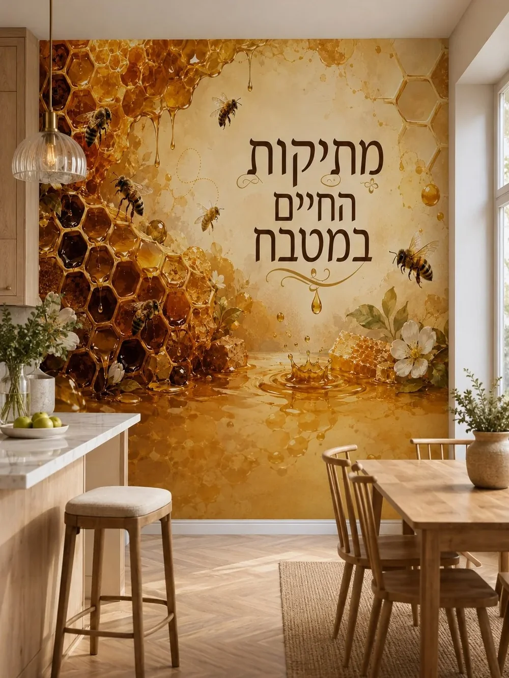 טפט דבורים וכוורת על קיר בחדר מגורים עם כורסאות אפורות ושולחן עץ כהה