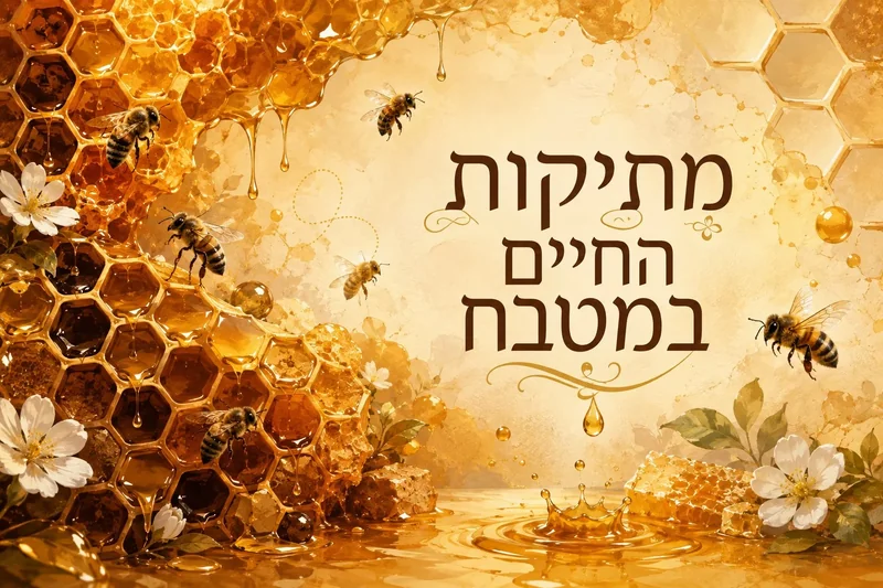 דבורים סביב חלת דבש מטפטפת עם פרחים לבנים, בצבעים זהוב וחום, בסגנון ריאליסטי