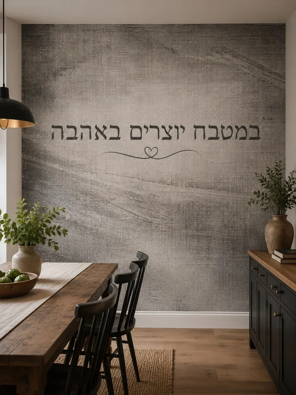 טפט עם מילים עבריות ולבבות על קיר בחדר עם ריהוט מודרני בגוונים בהירים.