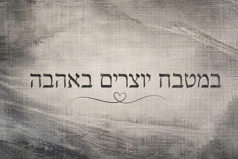 מילים בעברית עם לב קטן וקו דקורטיבי, רקע בגווני אפור ובז'.