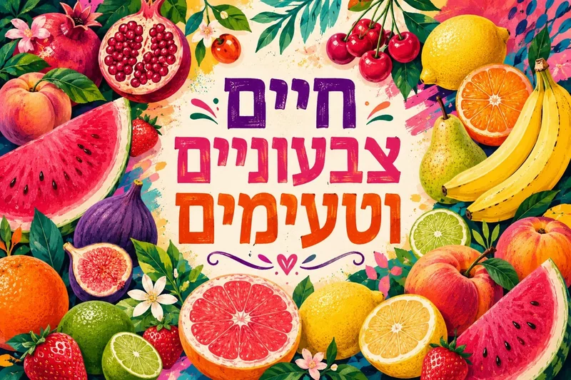 פירות מגוונים וטקסט עברי
