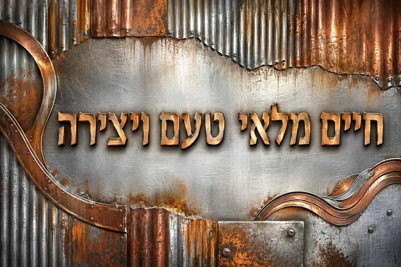 טקסט עברי בעיצוב מתכתי על רקע מתכתי מחוספס בגווני כסף ונחושת.