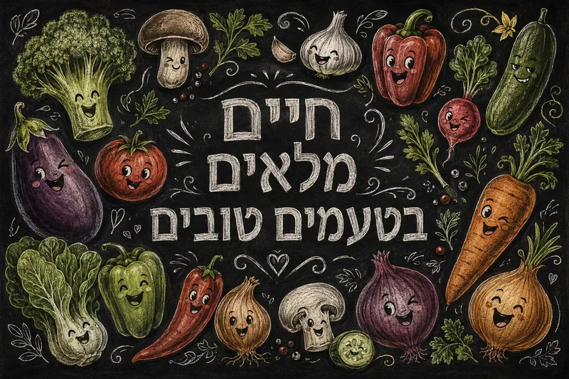 ירקות מחייכים כמו ברוקולי, חציל, עגבנייה וגזר על רקע לוח גיר בסגנון עליז וצבעוני.