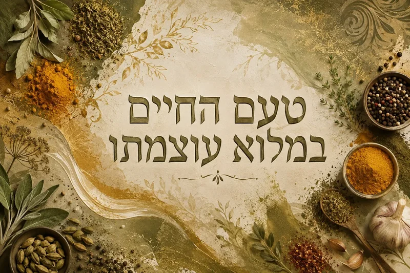 עשבי תיבול ותבלינים כמו עלי דפנה וכורכום סביב טקסט עברי, בגווני ירוק, חום וצהוב.