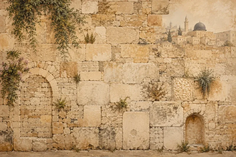 קיר אבן עם קשתות וצמחייה מפוזרת בגווני בז' ושזוף, בסגנון ריאליסטי