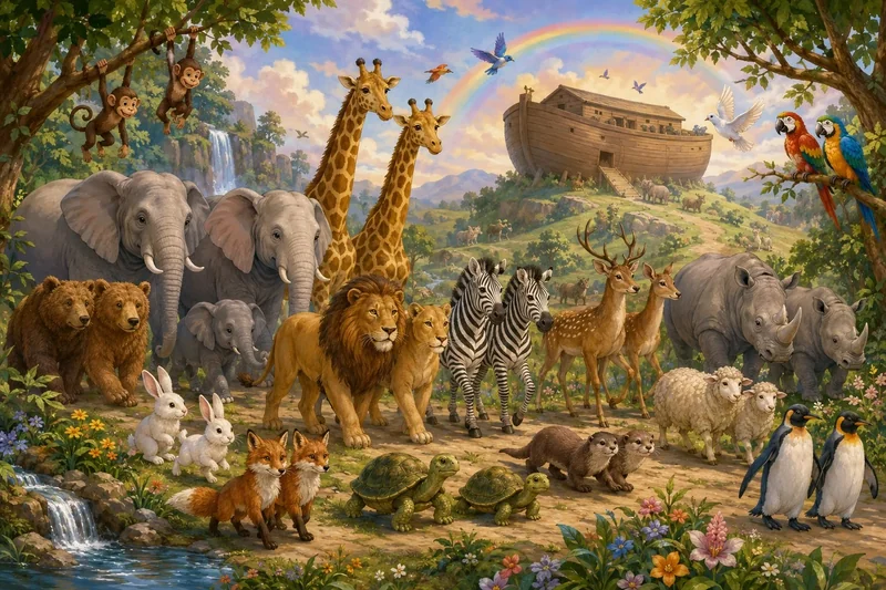 פילים, ג'ירפות, אריות וזברות בסביבה טבעית עם תיבת נח וקשת צבעונית ברקע