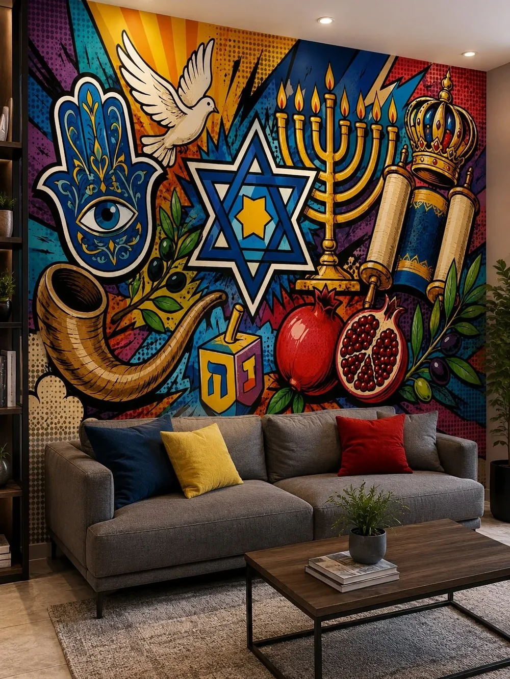טפט עם סמלים יהודיים בסגנון קומיקס על קיר חדר מגורים עם רהיטים מודרניים ואור טבעי.