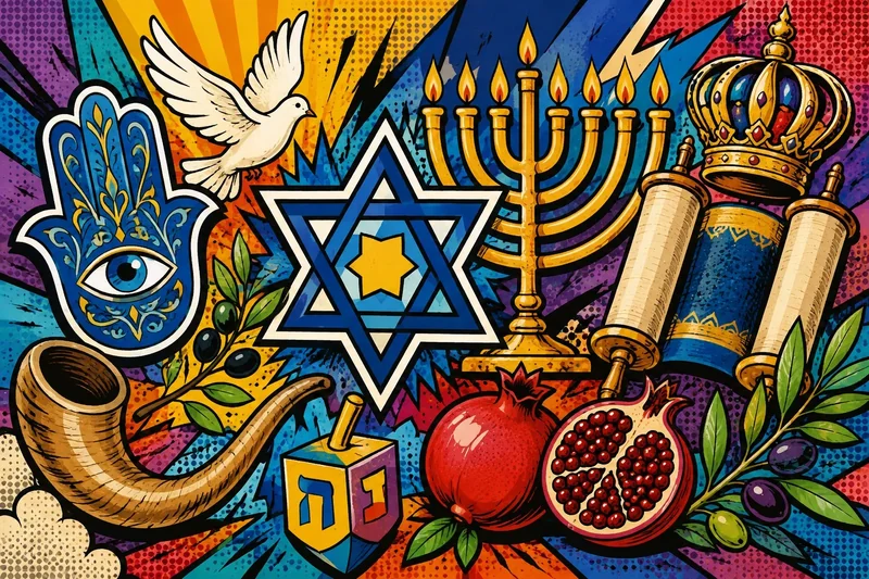מגן דוד, מנורה, מגילת תורה, יונה, חמסה, שופר, סביבון ורימון בצבעים כחול, צהוב, אדום וזהב בסגנון קומיקסי.