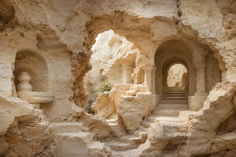 הריסות אבן עתיקות עם קשתות ועמודים, בגווני בז' וחום בהיר בסגנון ריאליסטי ומפורט.