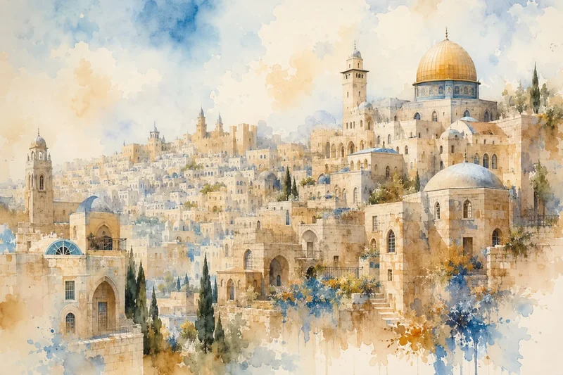 נוף עירוני עם מבנים כיפתיים ומגדלים בצבעי בז', כחול וזהב, בסגנון צבעי מים.