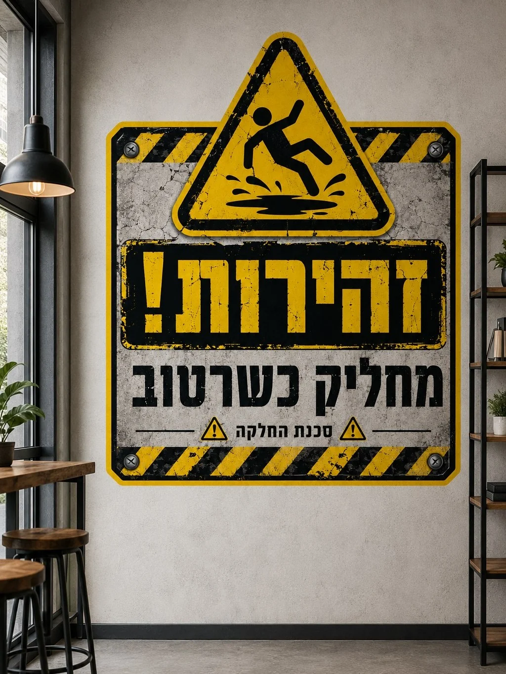 מדבקת אזהרה עם דמות מחליקה על משטח רטוב בסלון מודרני עם ריהוט מינימליסטי ותאורה נעימה.