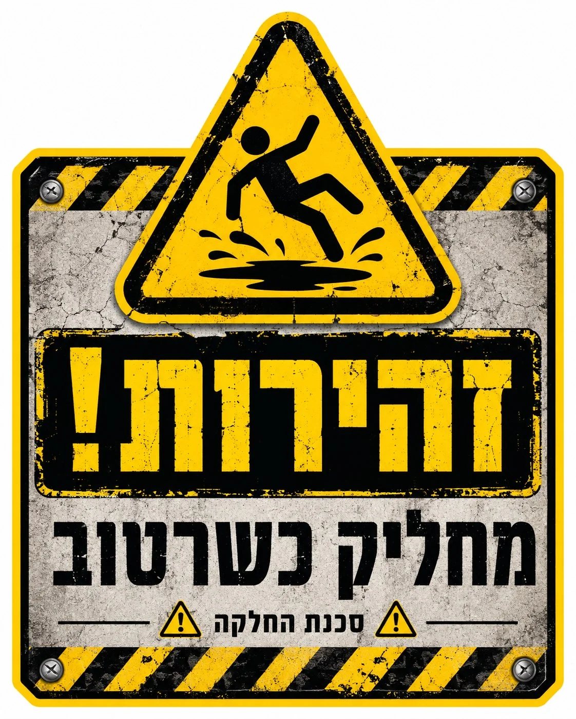 עיצוב מדבקה תעשייתית עם דמות מחליקה על ריצפה בצבעים צהוב ושחור