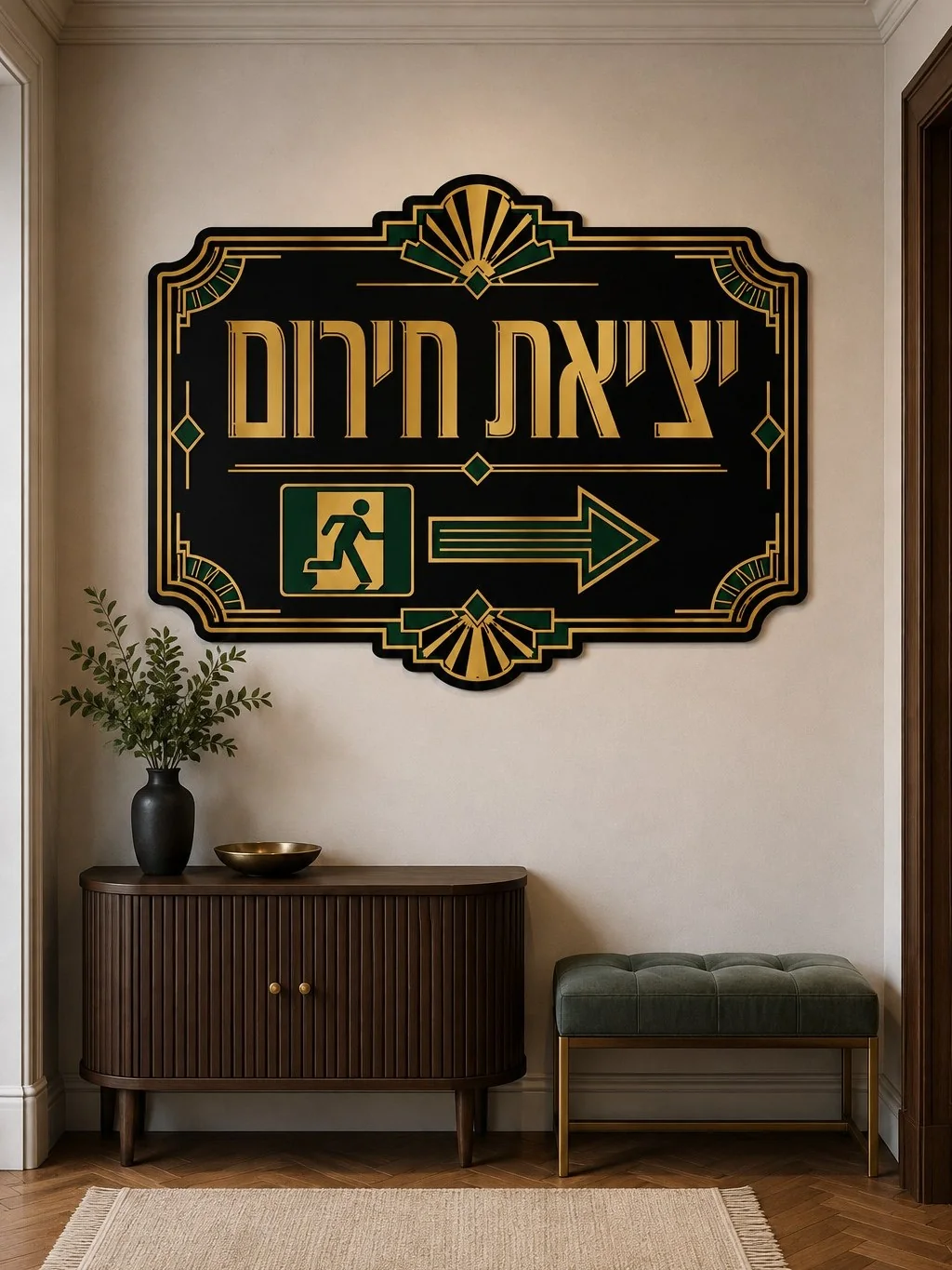 מדבקת שלט יציאה בסגנון ארט דקו על קיר בכניסה לבית, עם רהיטים בעיצוב מודרני ותאורה חמה.