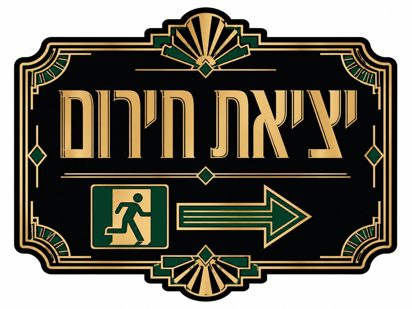שלט יציאה בסגנון אר דקו עם דמות רצה וחץ בצבעי זהב וירוק