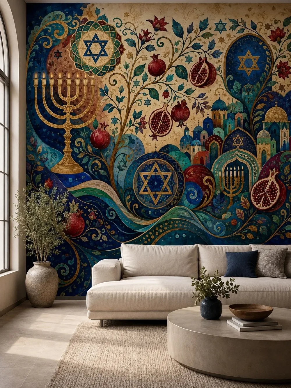 טפט סמלים יהודיים ורימונים על קיר בסלון עם ספת קטיפה כחולה ושולחן עץ כהה