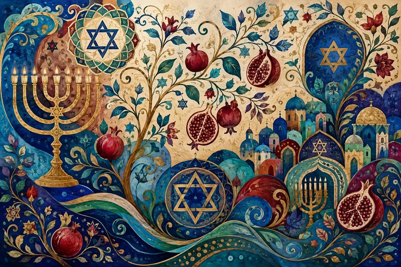 עיצוב טפט עם מנורה, מגן דוד ורימונים במוטיבים פרחוניים, בצבעים כחול, זהב ואדום.