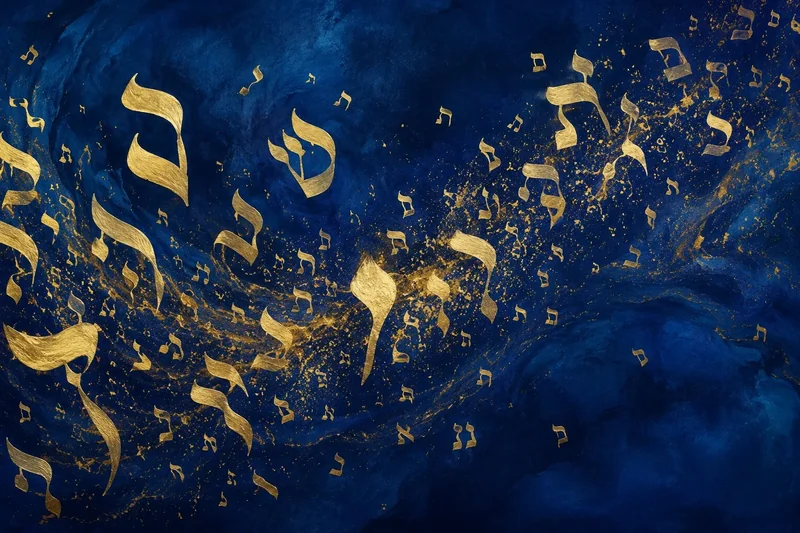 אותיות עבריות מזהב על רקע כחול עמוק, בעיצוב מופשט ודינמי