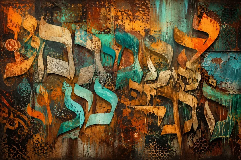 אותיות עבריות בסגנון גרפיטי בצבעים כתום, טורקיז וחום על רקע מחוספס.