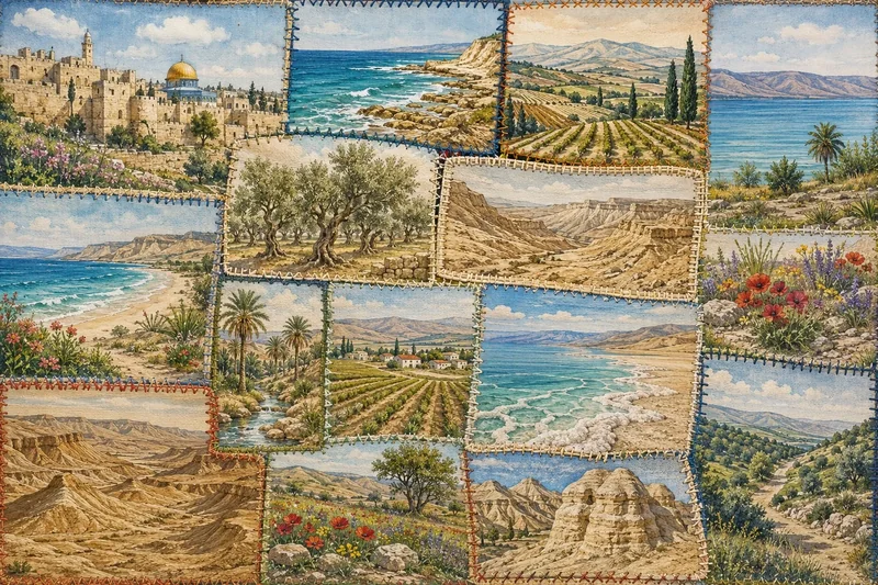 קולאז' נופים עם חופים, מדבריות ושדות בצבעי כחול, ירוק ובז'