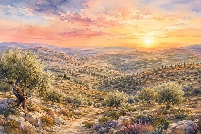 שקיעה מעל גבעות ירוקות עם עצי זית, בצבעים כתומים, ורודים וסגולים