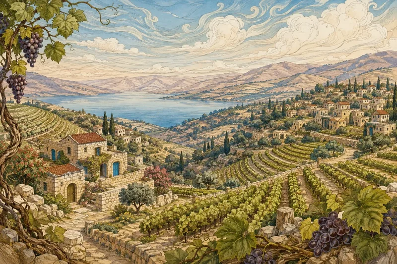נוף כרמים עם שדות מדורגים, בתי אבן ואגם, בצבעי ירוק, כחול וגוונים אדמתיים.