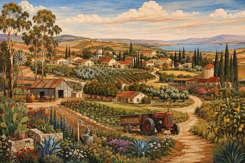 נוף כפרי עם חווה וטרקטור אדום, שדות ירוקים ומבנים כפריים בצבעים טבעיים.