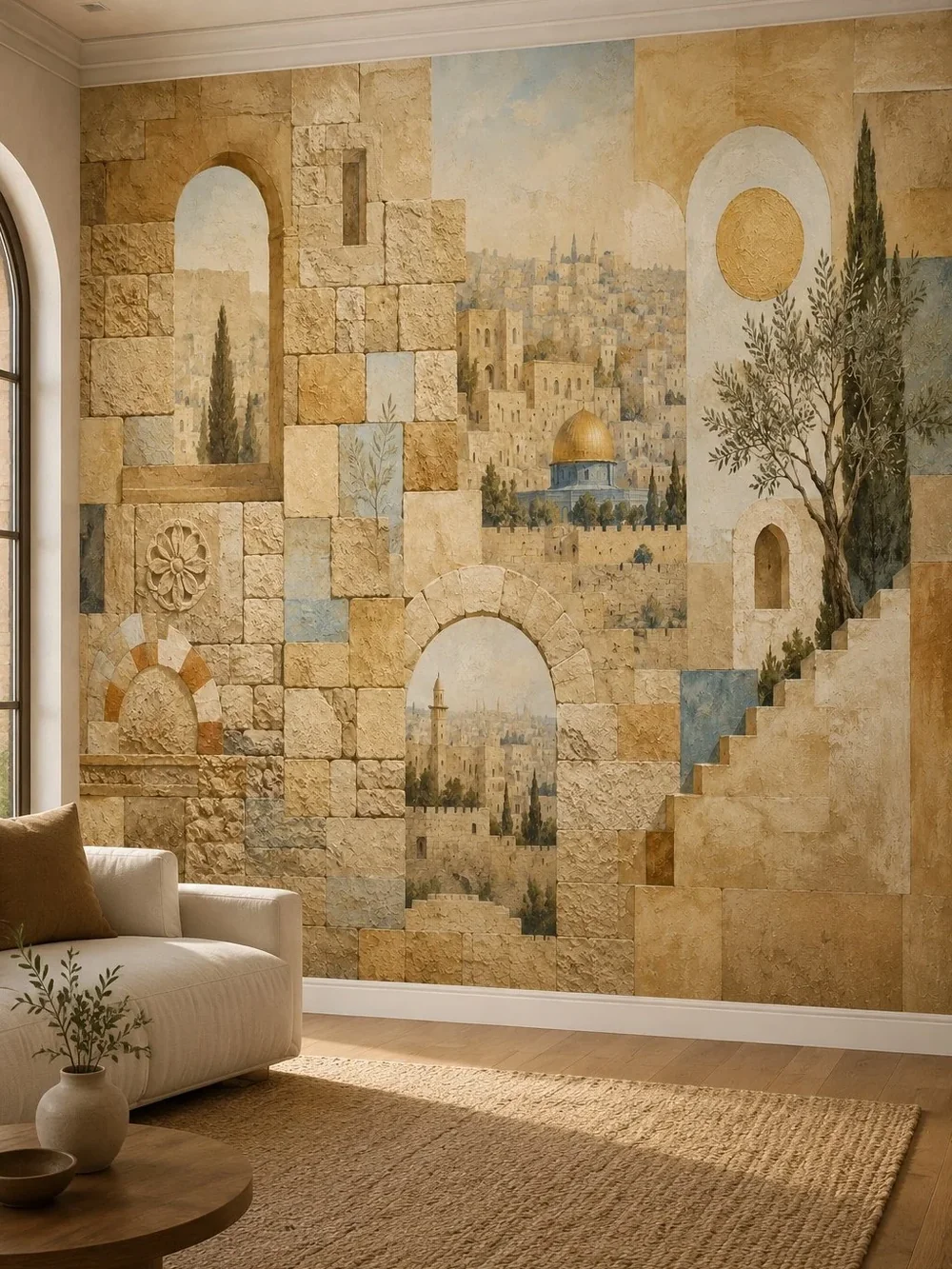 טפט נוף עירוני עם כיפה מוזהבת על קיר בסלון עם כורסאות עור ושולחן עץ כהה
