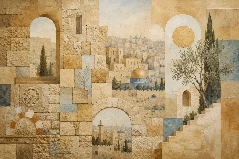 נוף עירוני עם כיפה זהובה ומבנים מאבן, גווני בז', זהב וכחול, סגנון קלאסי