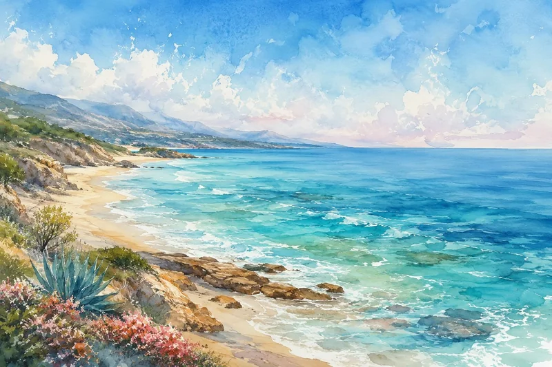 נוף חוף ימי עם חוף חול, צוקים סלעיים וגלי אוקיינוס בצבעי מים בכחול וירוק.