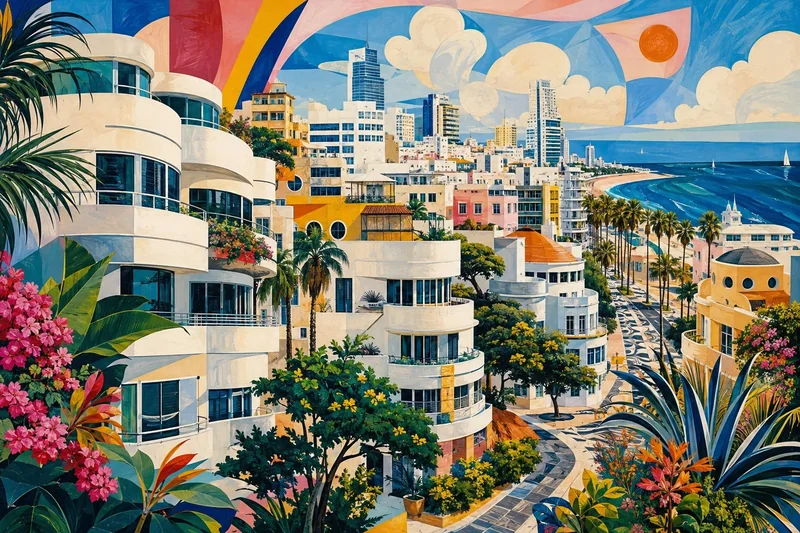 נוף עירוני עם מבנים מודרניים עגולים וצמחייה, בצבעים כחול, צהוב וורוד.