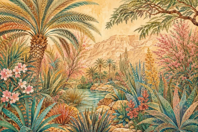 נוף טרופי עם עצי דקל ופרחים צבעוניים, טקסטורות עדינות, ירוק וורוד
