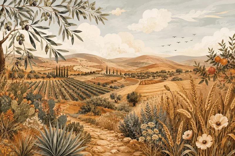 נוף טוסקני עם גבעות מתגלגלות, כרמים ועצי ברוש בצבעי חומים, ירוקים וכחולים רכים