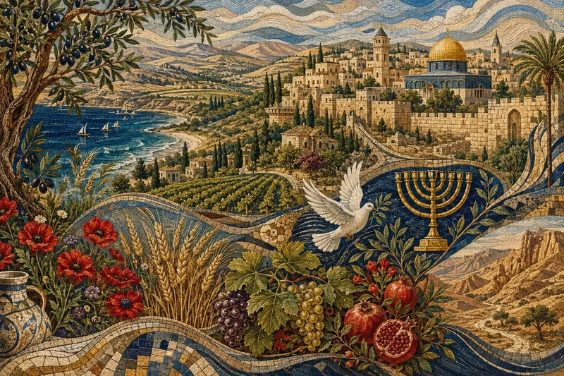 נוף ים תיכוני עם חוף, כרמים ועיר עם כיפה זהובה בסגנון מוזאיקה בצבעים כחול, ירוק וזהב.