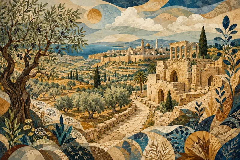נוף עיר עתיקה עם חורבות אבן ועצי זית בגווני אדמה, כחול וירוק בסגנון פסיפס