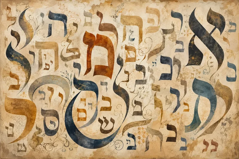 אותיות עבריות בעיצוב וינטג', בגווני כחול, חום ובז', טקסטורה עדינה