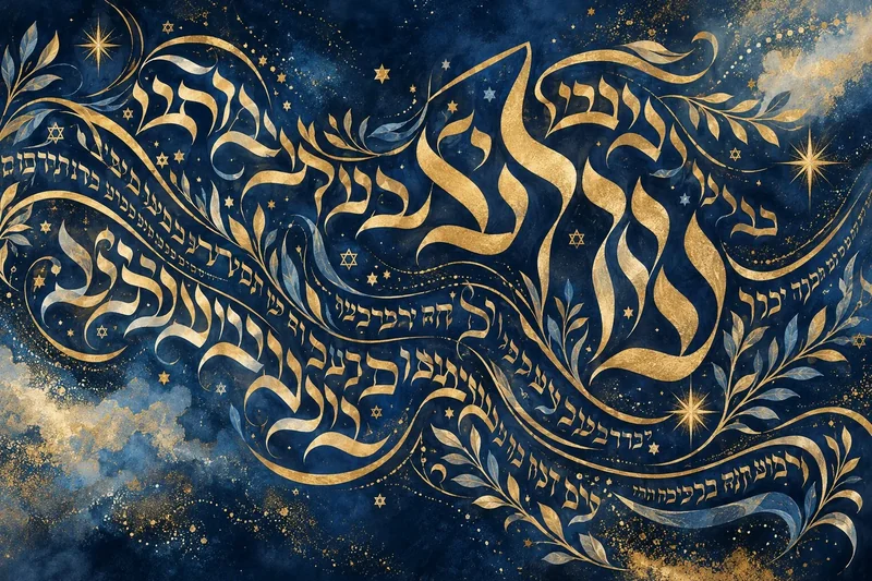 קליגרפיה עברית זורמת עם כוכבים וענפים על רקע זהב וכחול עמוק